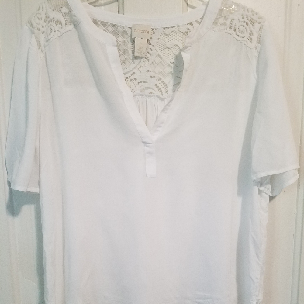 Ladies Chico's White Blouse w/Lace Size 1